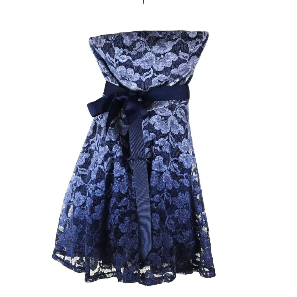 Strapless Blue Ombre Lace Dress With Satin Ribbon Belt Size Small JH1765